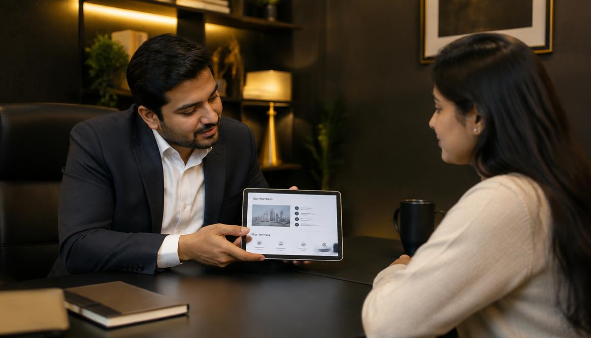 Professional consultation where service details and portfolio options are explained on a tablet