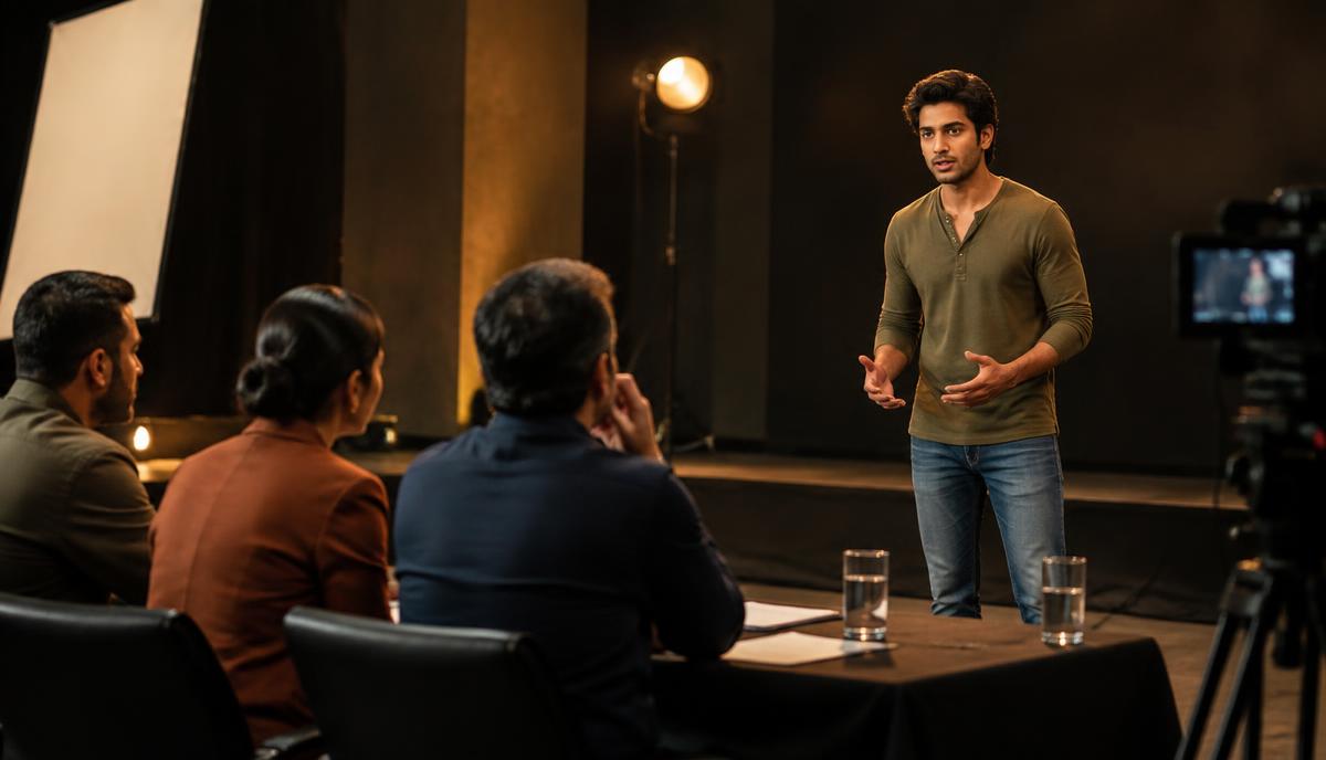Indian actor camera के सामने audition देता और professional casting panel evaluation करता हुआ