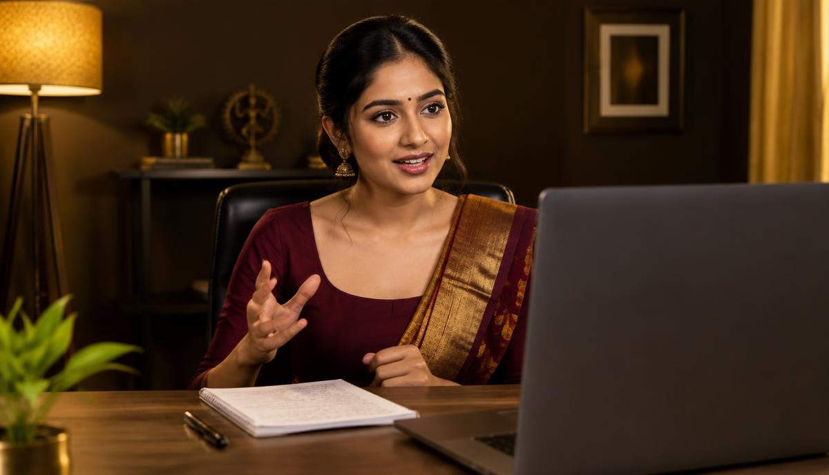 Indian performer laptop पर scheduled professional video-call audition में भाग लेती हुई