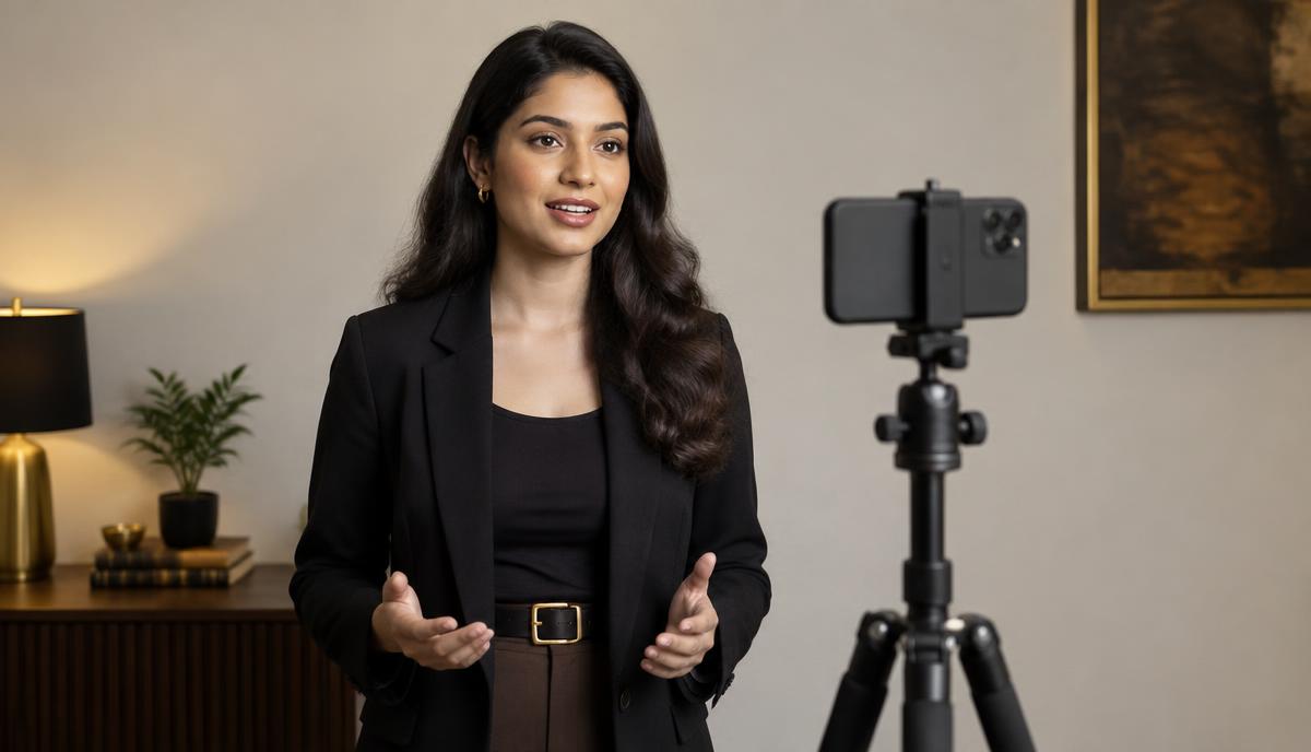 Indian candidate घर पर stable smartphone से clean self-tape record करती हुई